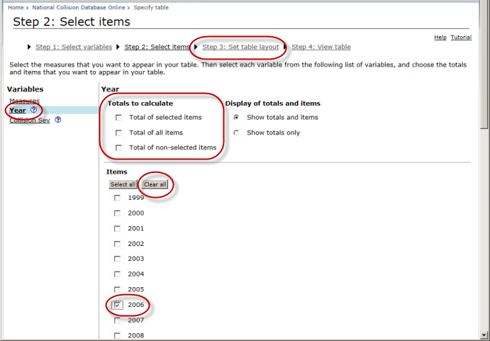 This image shows the Step 2: Select items page.