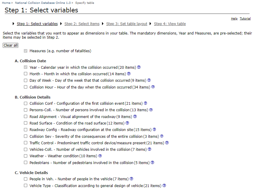 This image shows the Step 1: Select variables page.